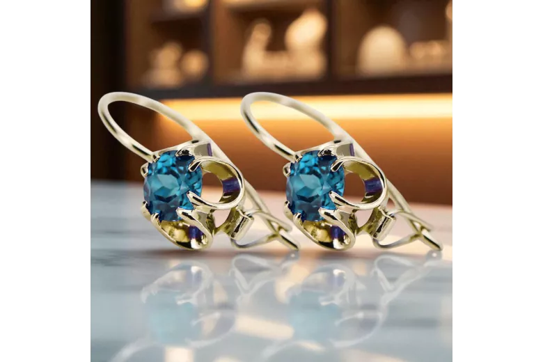 14K жълто злато 585 Aquamarine Обеци vec035y Руски Съветски СССР Винтидж Ар-деко style